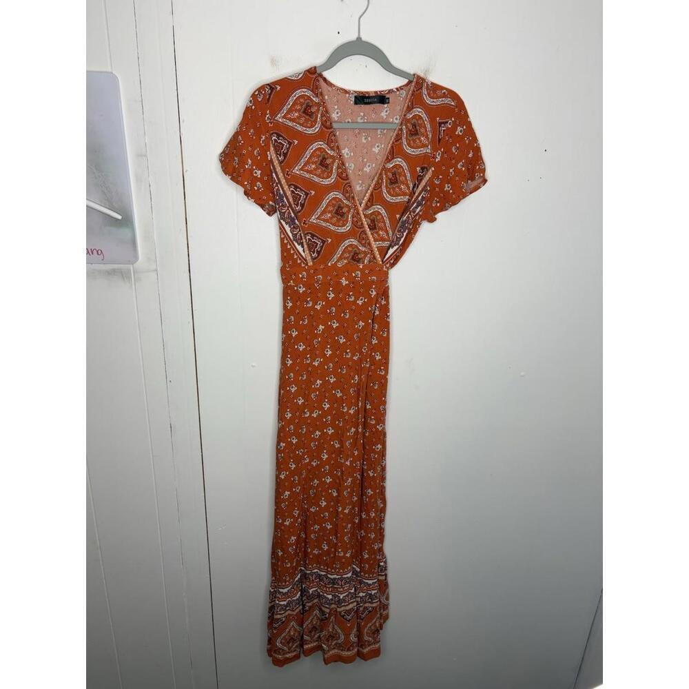 Boho Rust Orange Wrap Maxi Dress with Paisley Print